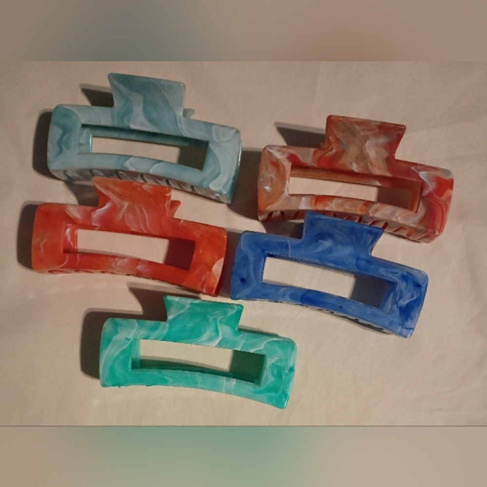 New & Unused Marbled Resin Rectangle Hair Claw Clips - Multi Color Set of 5